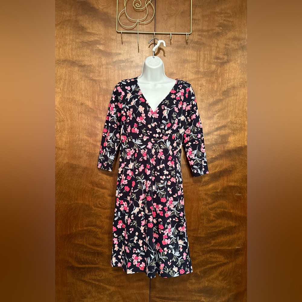 JOULES "Jude" 3/4 Sleeve Wrap Dress Womens 4 Navy & Pink Floral Knit A-Line NWT